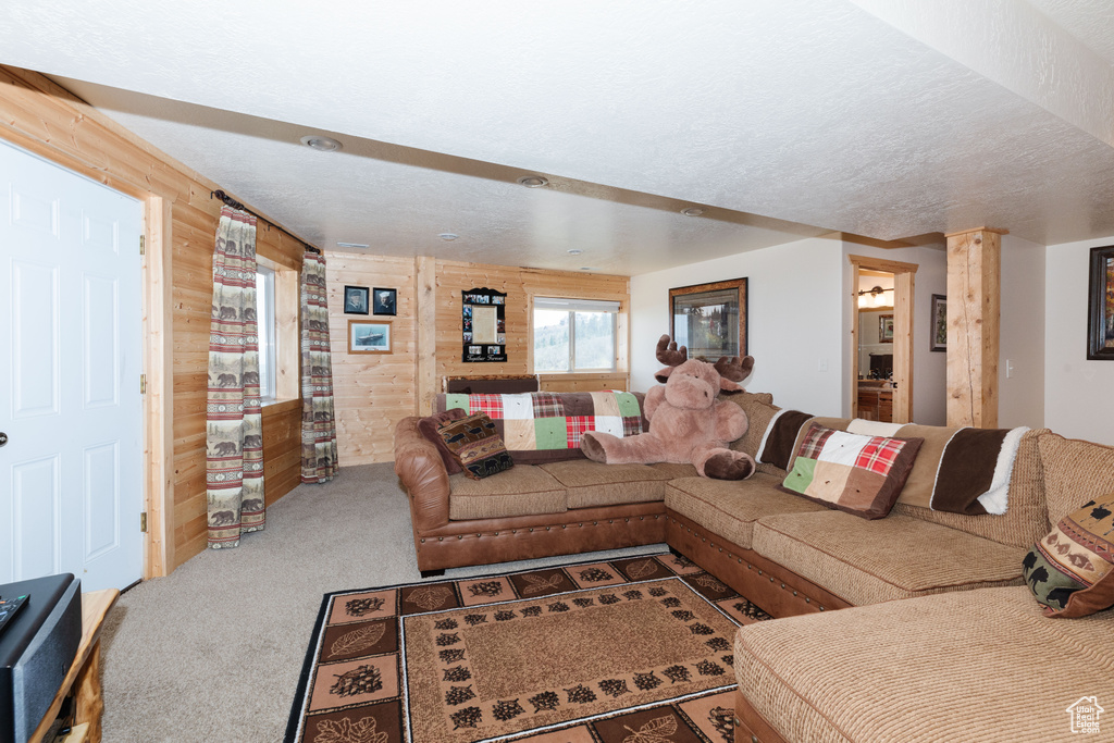Living room featuring carpet floors, a textured ceiling, and wooden walls
