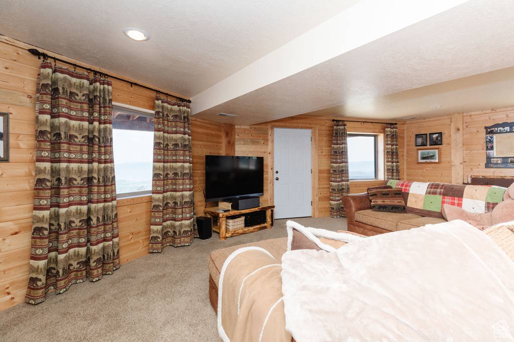 Carpeted living area with wooden walls, a textured ceiling, and recessed lighting