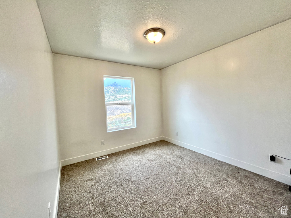 Carpeted spare room with baseboards and a textured ceiling