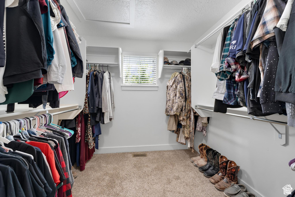 Spacious closet with attic access and carpet