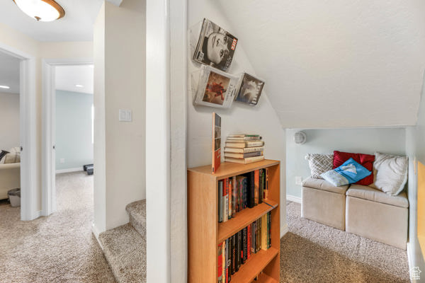 Bedroom with carpet floors and vaulted ceiling