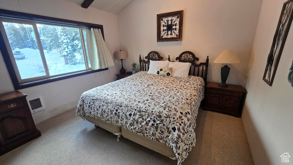 Carpeted bedroom with lofted ceiling
