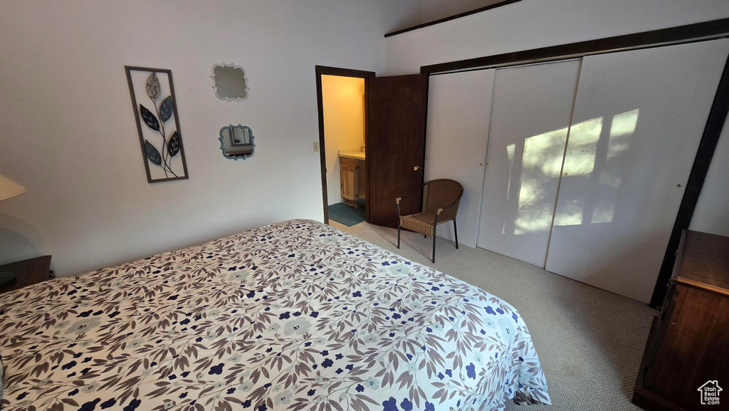 Bedroom featuring light colored carpet and a closet