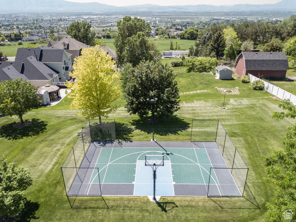 Aerial perspective of suburban area with mountains