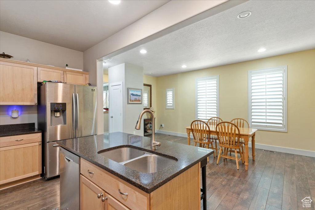 Kitchen with light brown cabinetry, a sink, stainless steel appliances, an island with sink, and recessed lighting