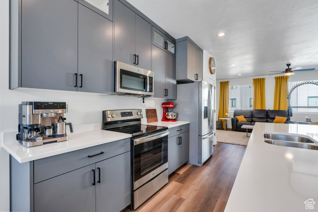 Kitchen with stainless steel appliances, a sink, open floor plan, gray cabinetry, and recessed lighting