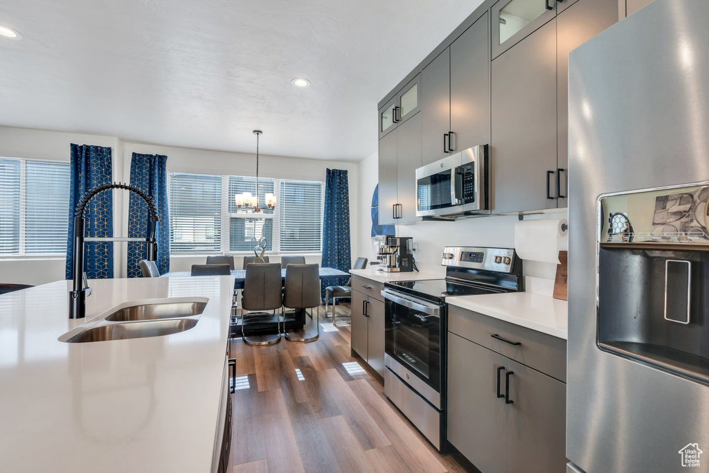 Kitchen with stainless steel appliances, a sink, a chandelier, gray cabinetry, and wood finished floors