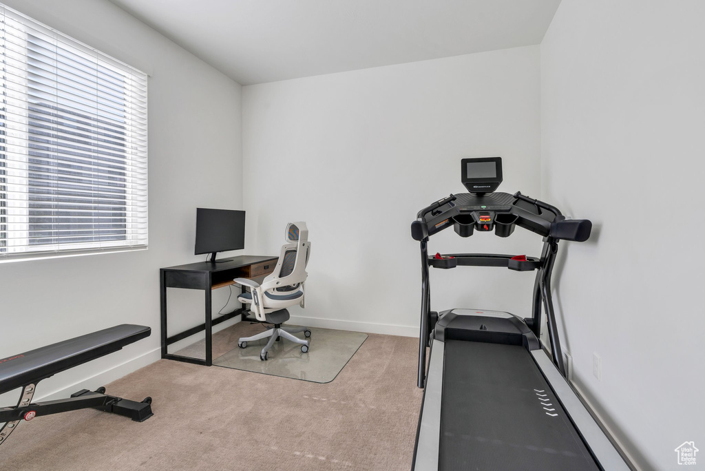 Exercise area with healthy amount of natural light, carpet, and baseboards