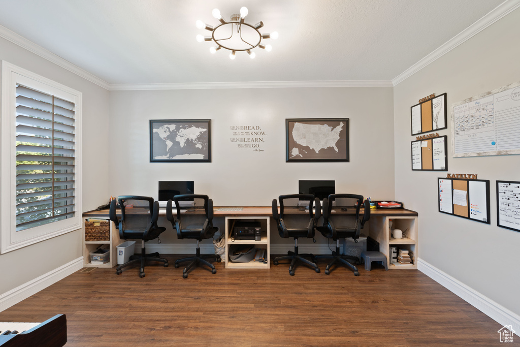 Office area with ornamental molding, a chandelier, wood finished floors, and baseboards