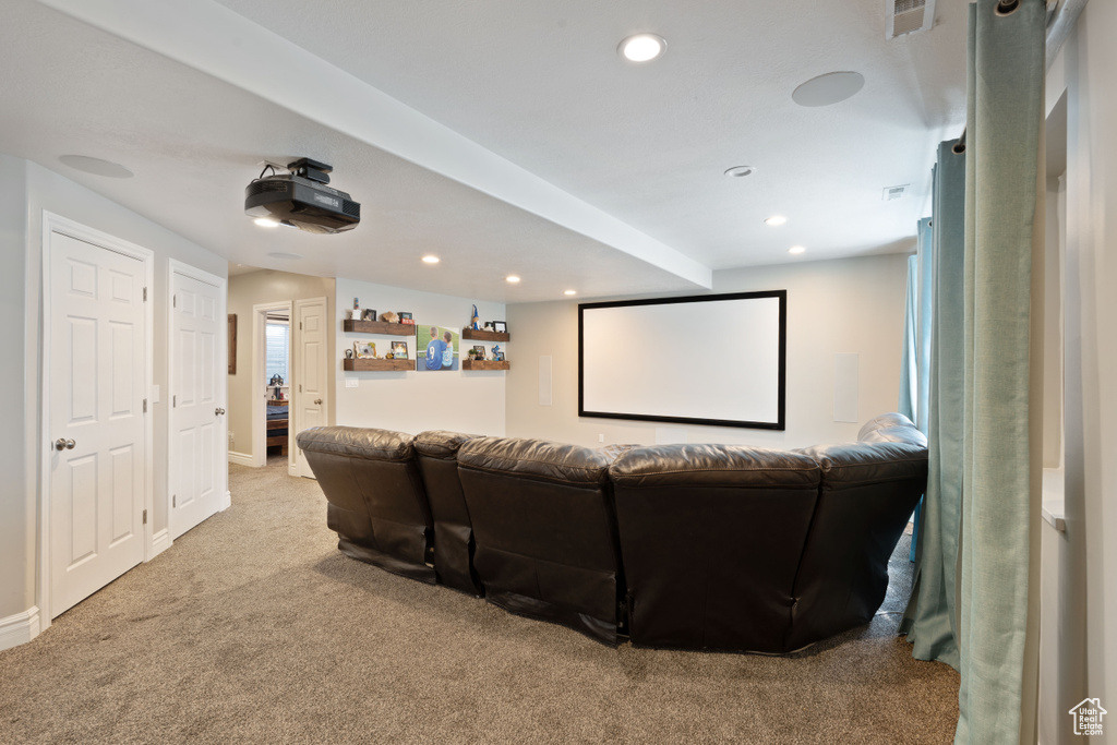 Carpeted cinema with recessed lighting and a dry bar