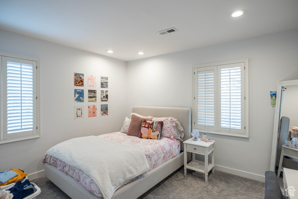 Carpeted bedroom featuring multiple windows