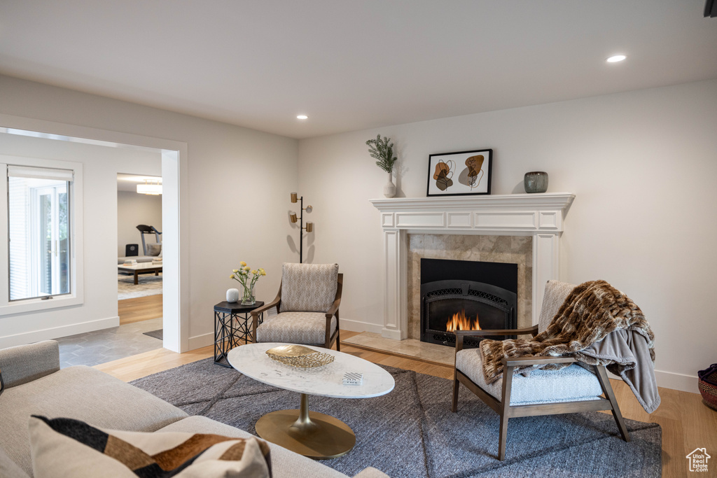 Living room featuring a high end fireplace and light wood-type flooring