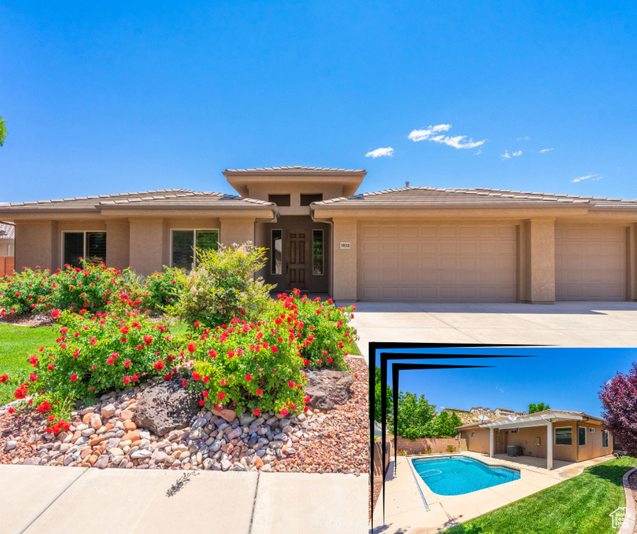 Prairie-style home with an attached garage, stucco siding, driveway, and a tiled roof