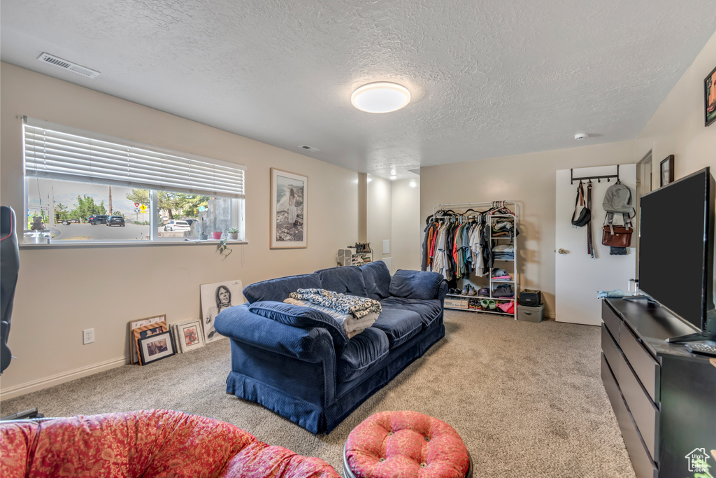 Living room with a textured ceiling and carpet floors