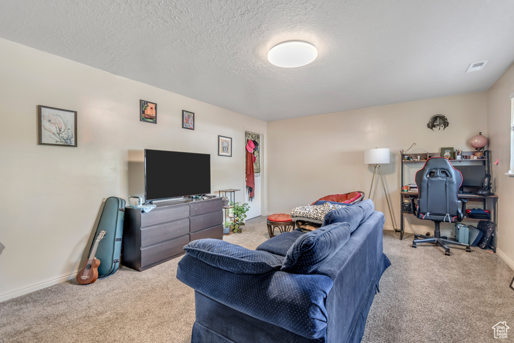 Living room with carpet, a textured ceiling, and baseboards