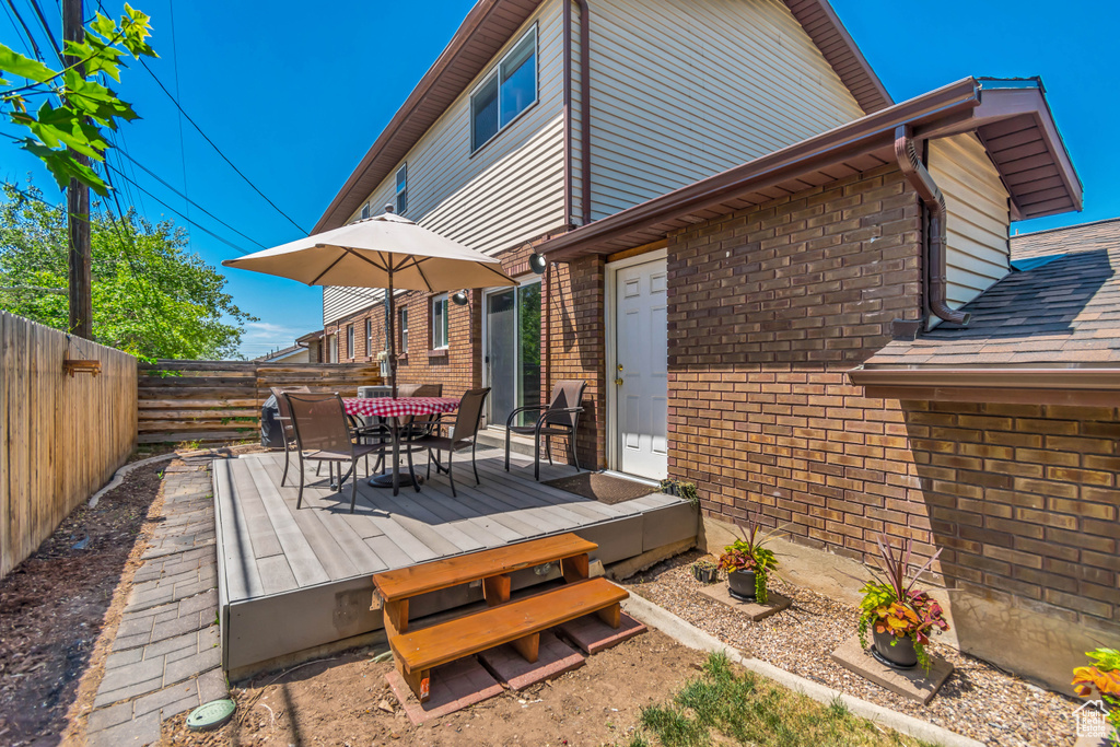 Fenced backyard with a deck and outdoor dining space