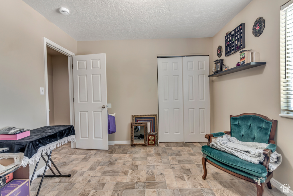 Living area featuring baseboards, stone finish flooring, and a textured ceiling