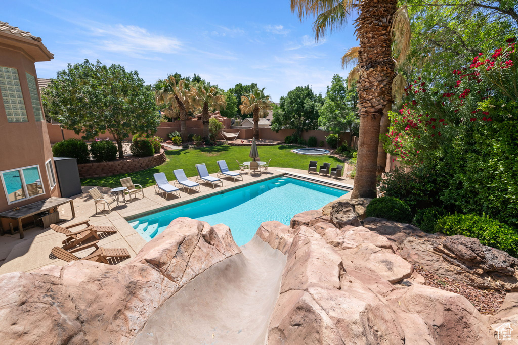 View of swimming pool featuring a fenced backyard and a patio area