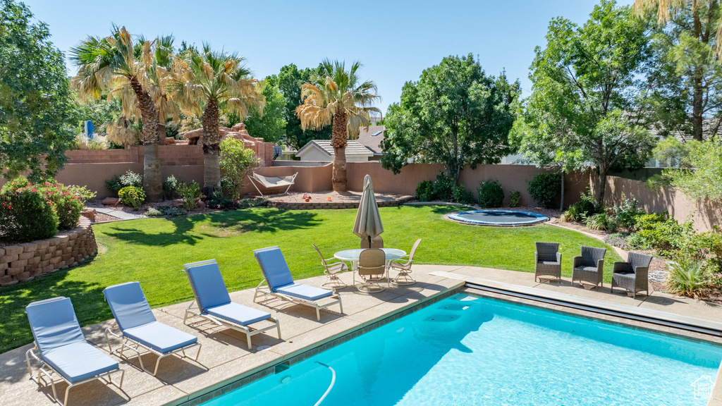 View of swimming pool featuring a fenced backyard and a patio