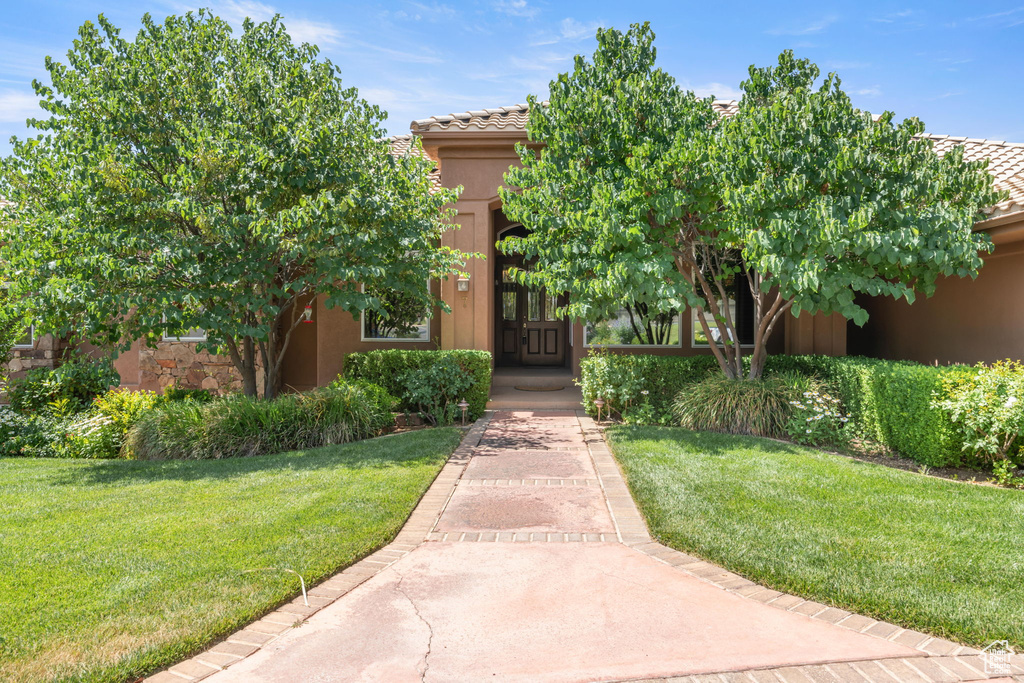 Obstructed view of property with a front yard, stucco siding, and a tile roof