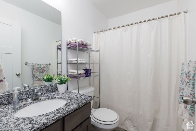 Bathroom with vanity, toilet, and curtained shower