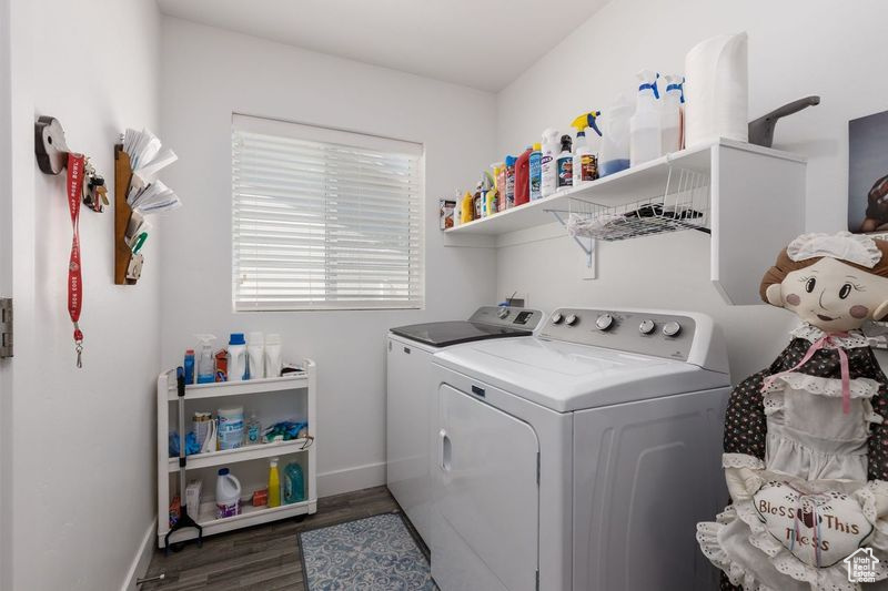 Laundry area featuring washer and clothes dryer, baseboards, and wood finished floors