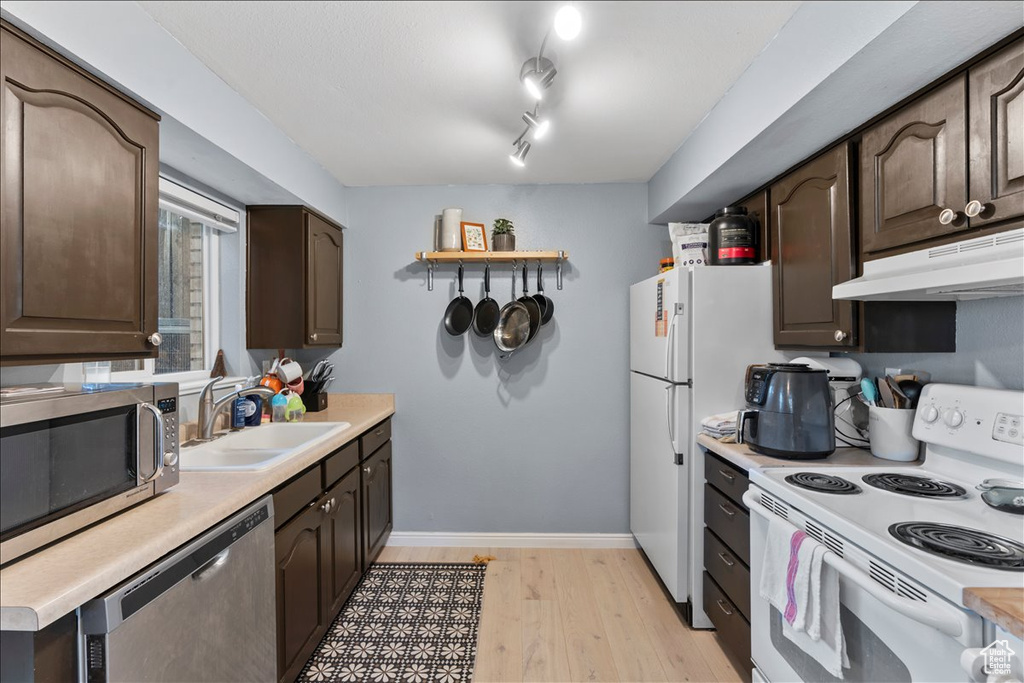 Kitchen with appliances with stainless steel finishes, under cabinet range hood, a sink, dark brown cabinetry, and light wood-type flooring
