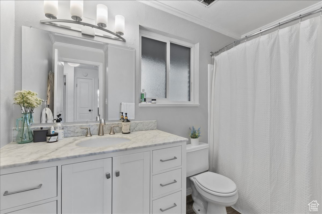 Full bathroom featuring vanity, ornamental molding, toilet, and a shower with shower curtain