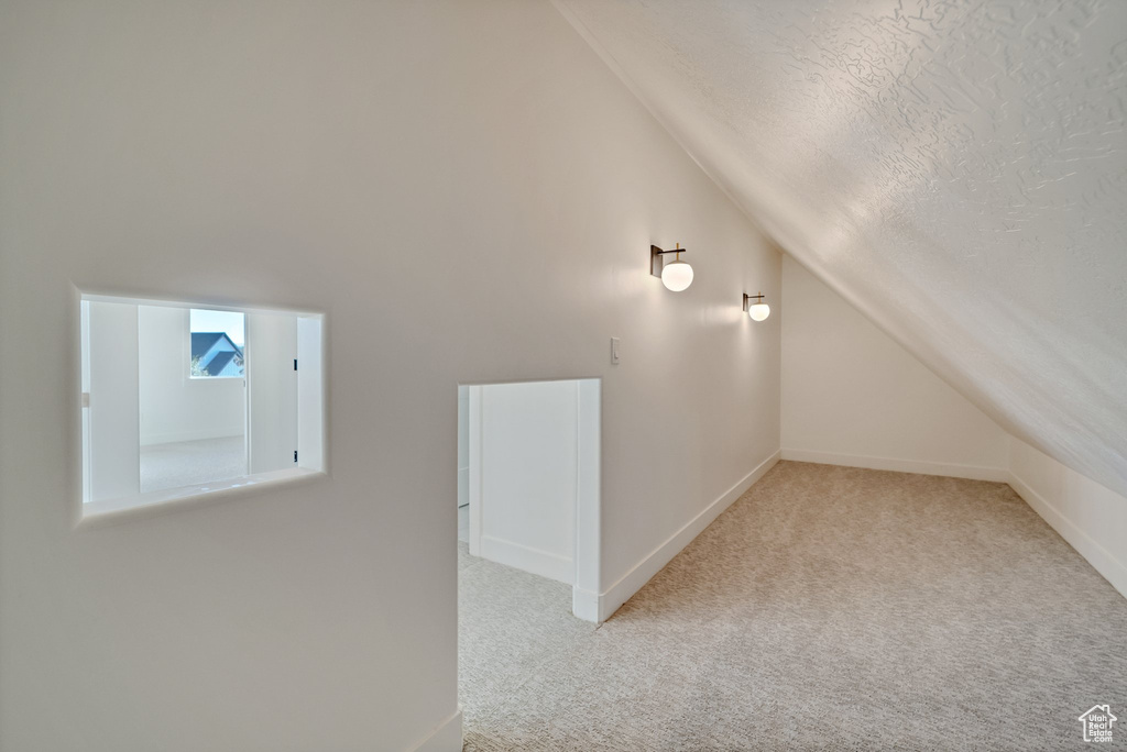 Additional living space featuring lofted ceiling, carpet, a textured ceiling, and baseboards