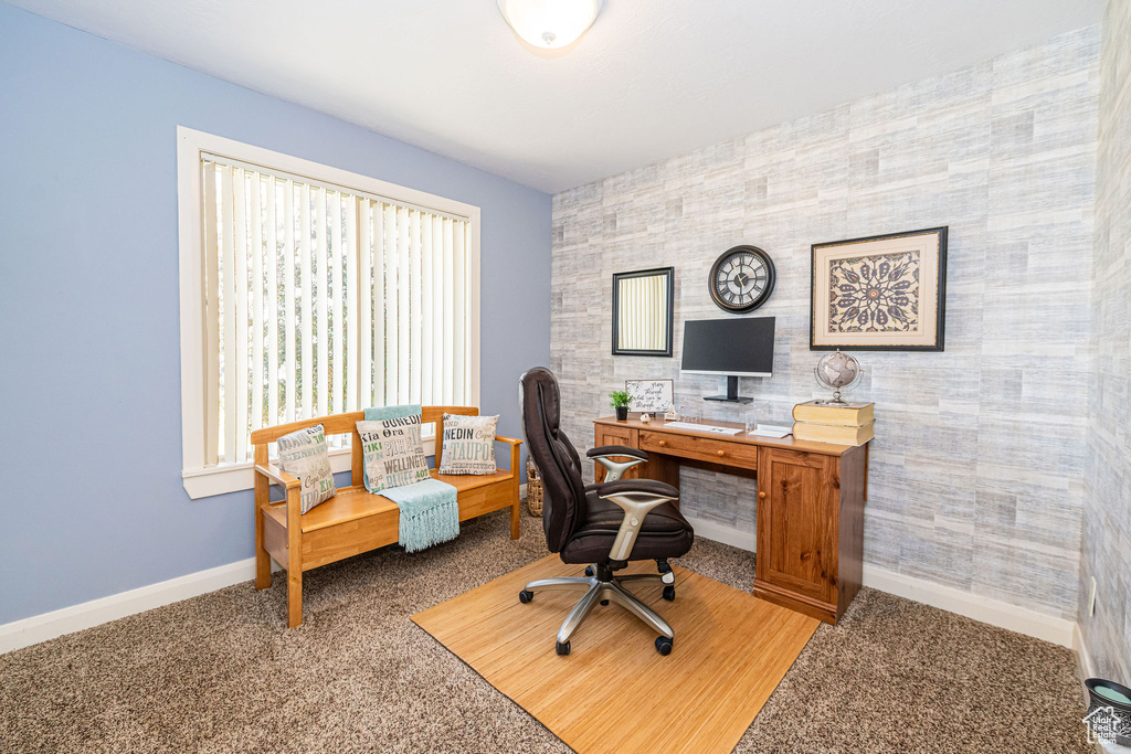 Office with plenty of natural light, baseboards, light carpet, and an accent wall