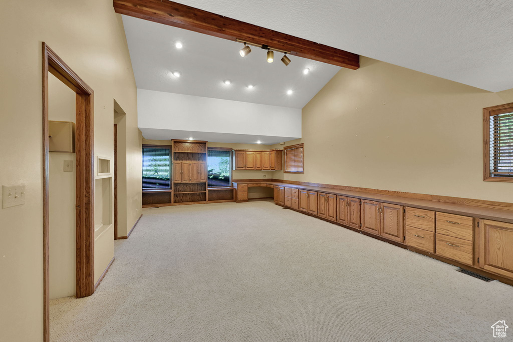 Unfurnished living room with light colored carpet