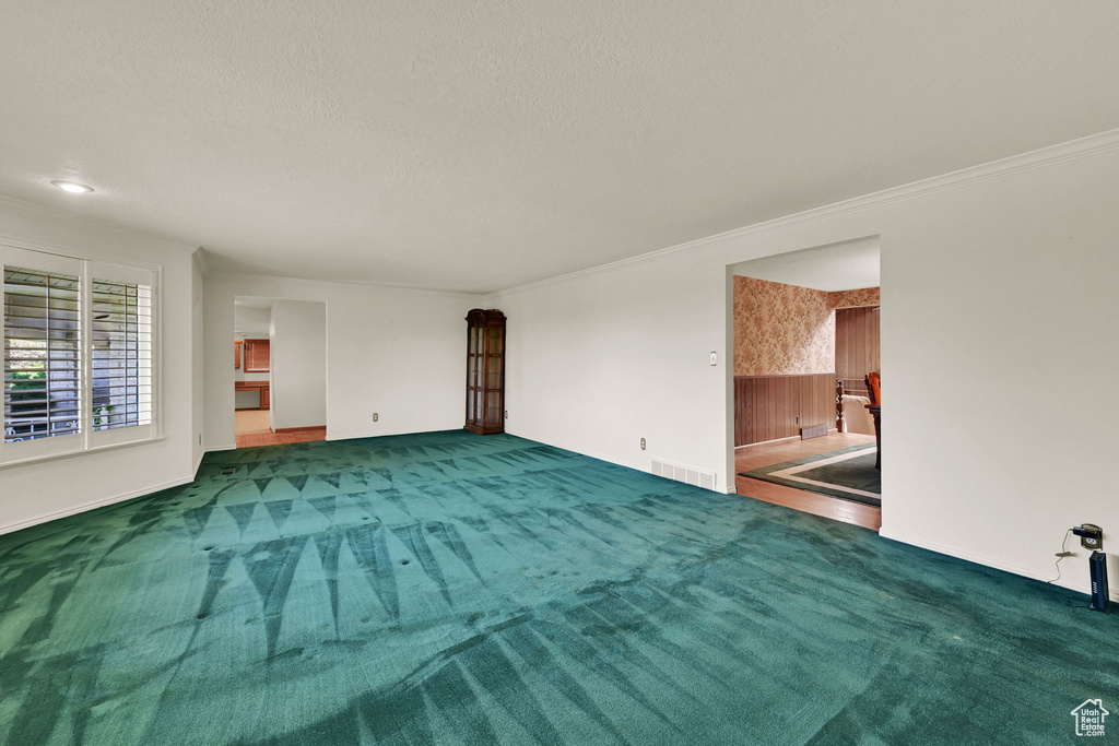 Carpeted empty room with a textured ceiling, crown molding, and baseboards