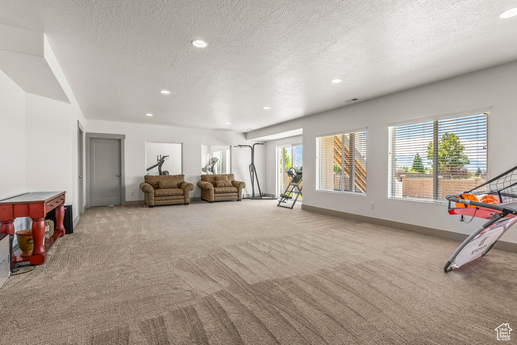 Rec room featuring carpet flooring, recessed lighting, a textured ceiling, and baseboards