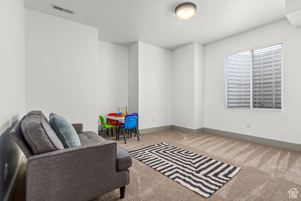 Sitting room with carpet flooring and baseboards