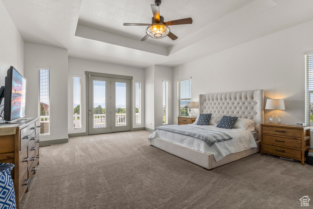 Bedroom featuring access to outside, light carpet, multiple windows, and a tray ceiling