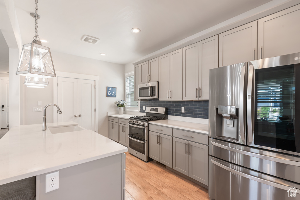 Kitchen with appliances with stainless steel finishes, gray cabinetry, a sink, light countertops, and tasteful backsplash