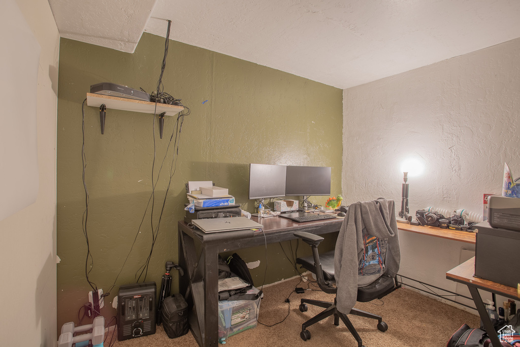 Office area with a textured wall and carpet floors