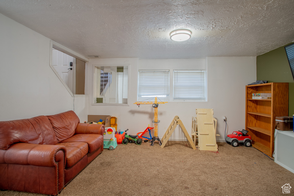 Rec room featuring carpet and a textured ceiling