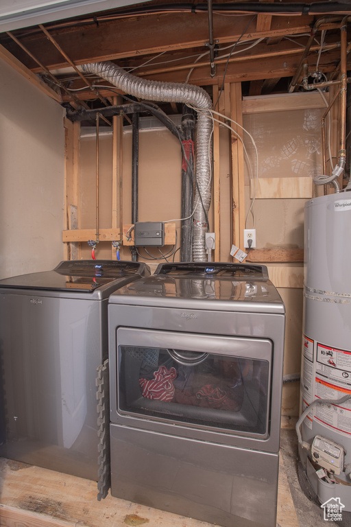 Laundry room featuring water heater and independent washer and dryer