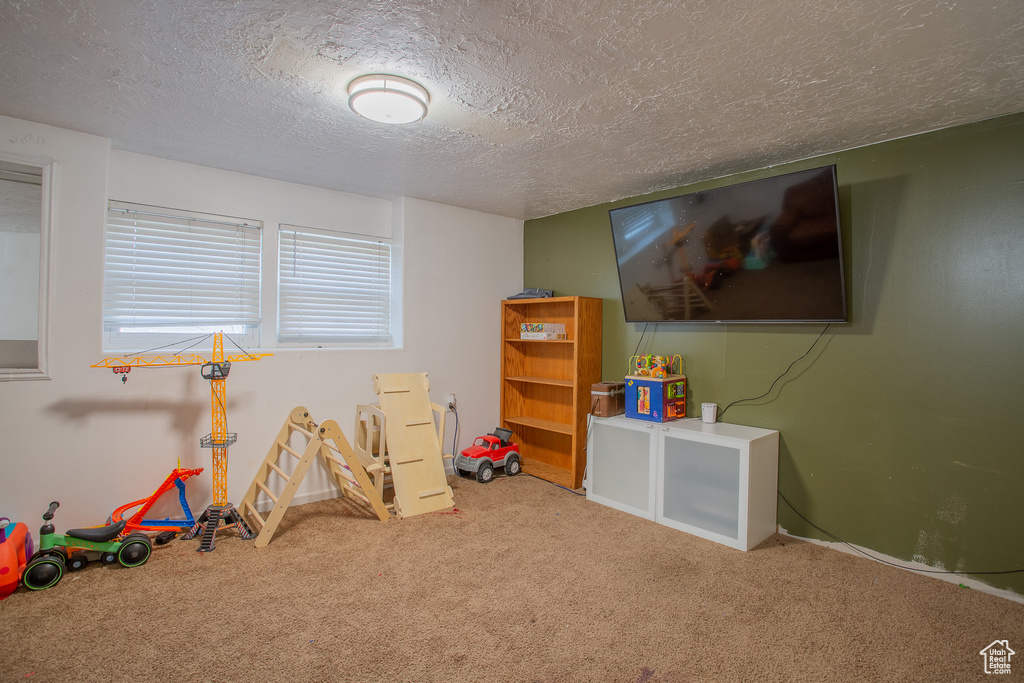 Rec room featuring carpet floors and a textured ceiling