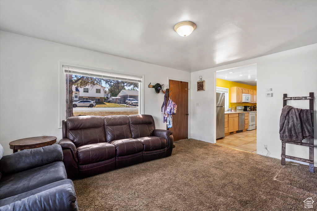 Living room with light carpet and light tile patterned floors