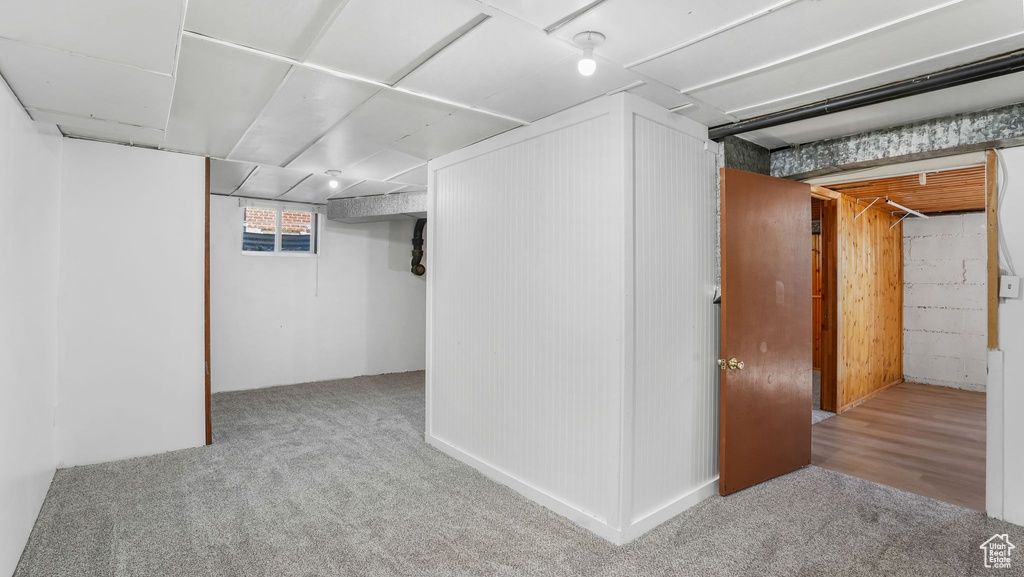 Basement with carpet flooring