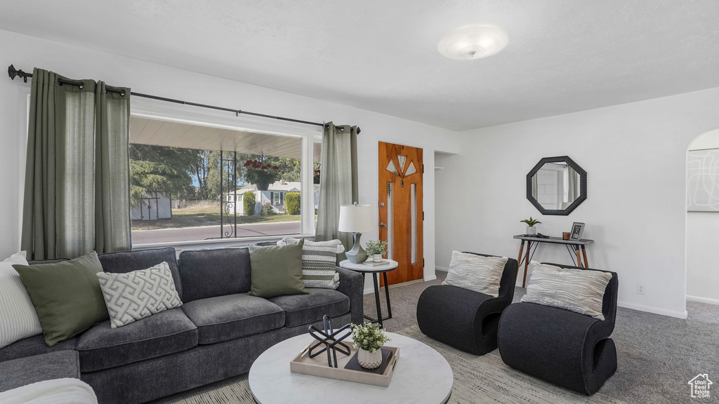 Living room with carpet flooring and baseboards