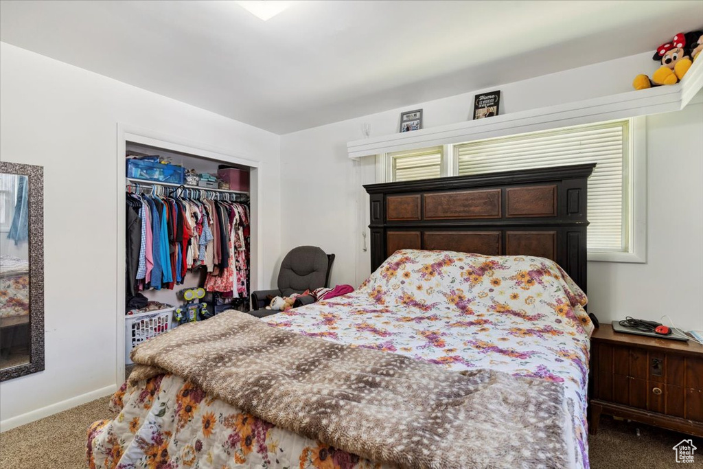 Bedroom featuring carpet flooring, baseboards, and a closet