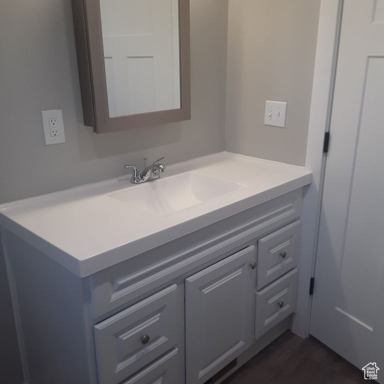 Bathroom with vanity and wood finished floors