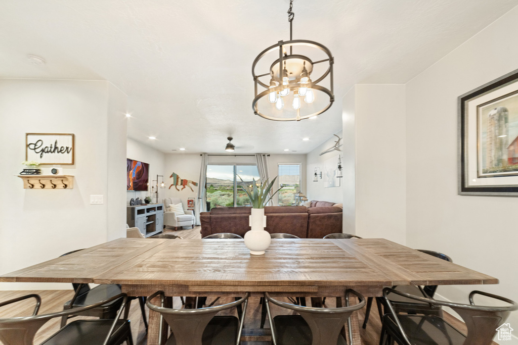 Dining area with a chandelier