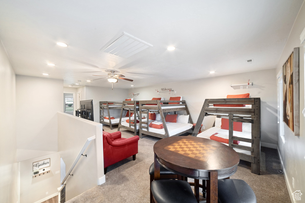 Dining space featuring recessed lighting, carpet floors, baseboards, and ceiling fan