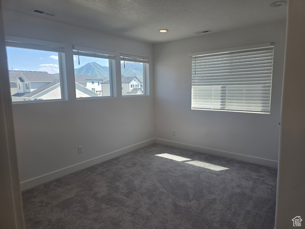 Spare room with carpet flooring, baseboards, a textured ceiling, and recessed lighting