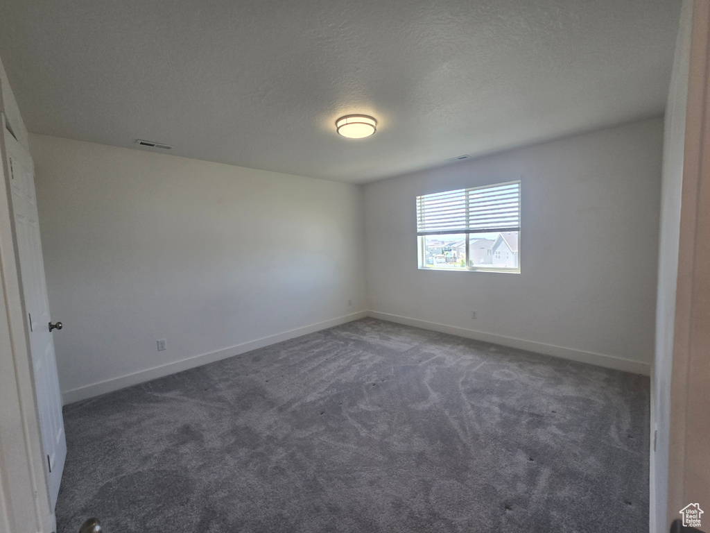 Empty room featuring carpet flooring, baseboards, and a textured ceiling