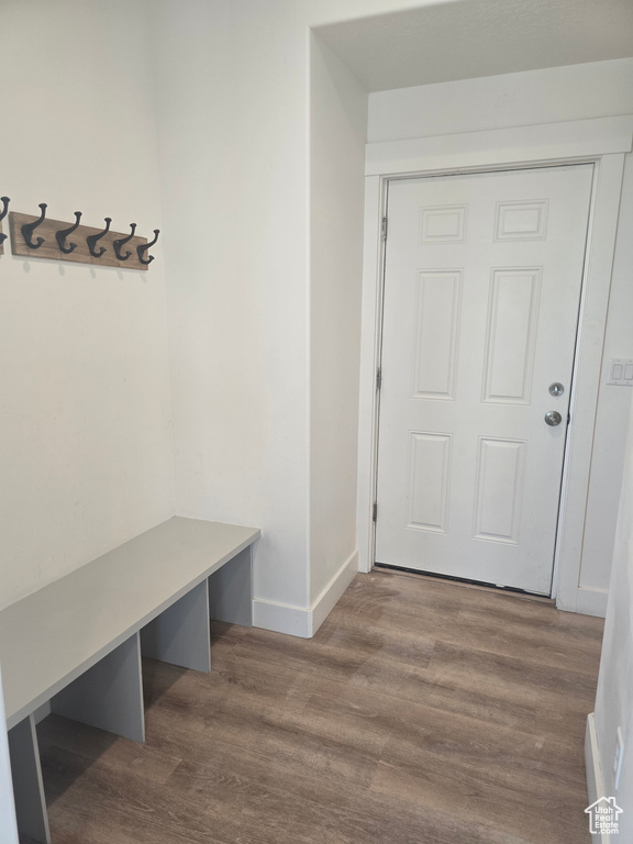 Mudroom featuring wood finished floors and baseboards